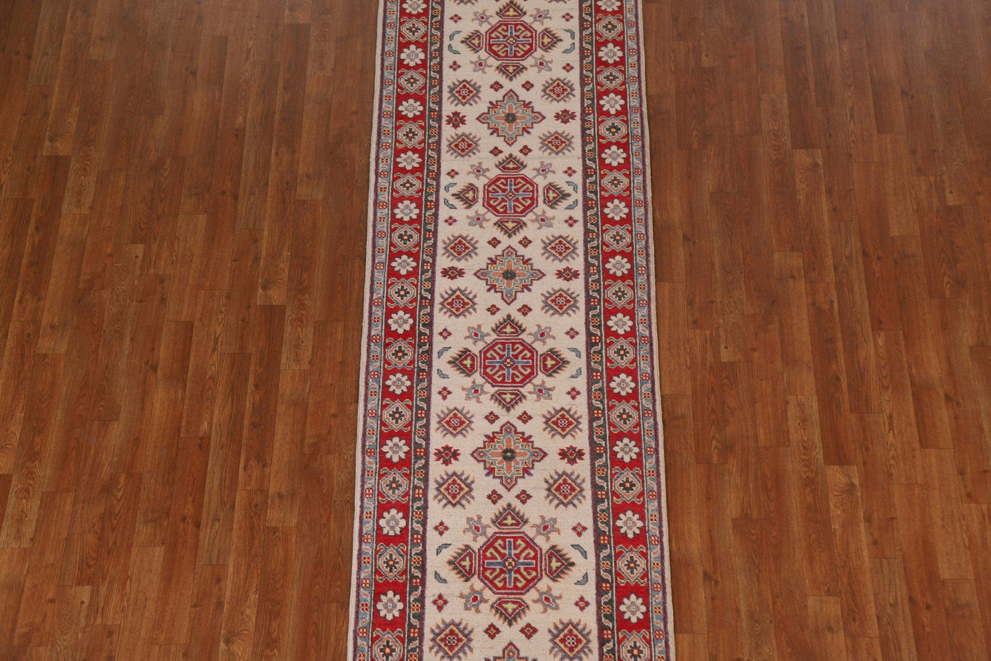 Geometric Kazak Ivory Runner Rug 3x10