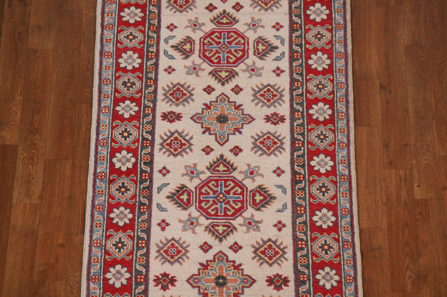 Geometric Kazak Ivory Runner Rug 3x10