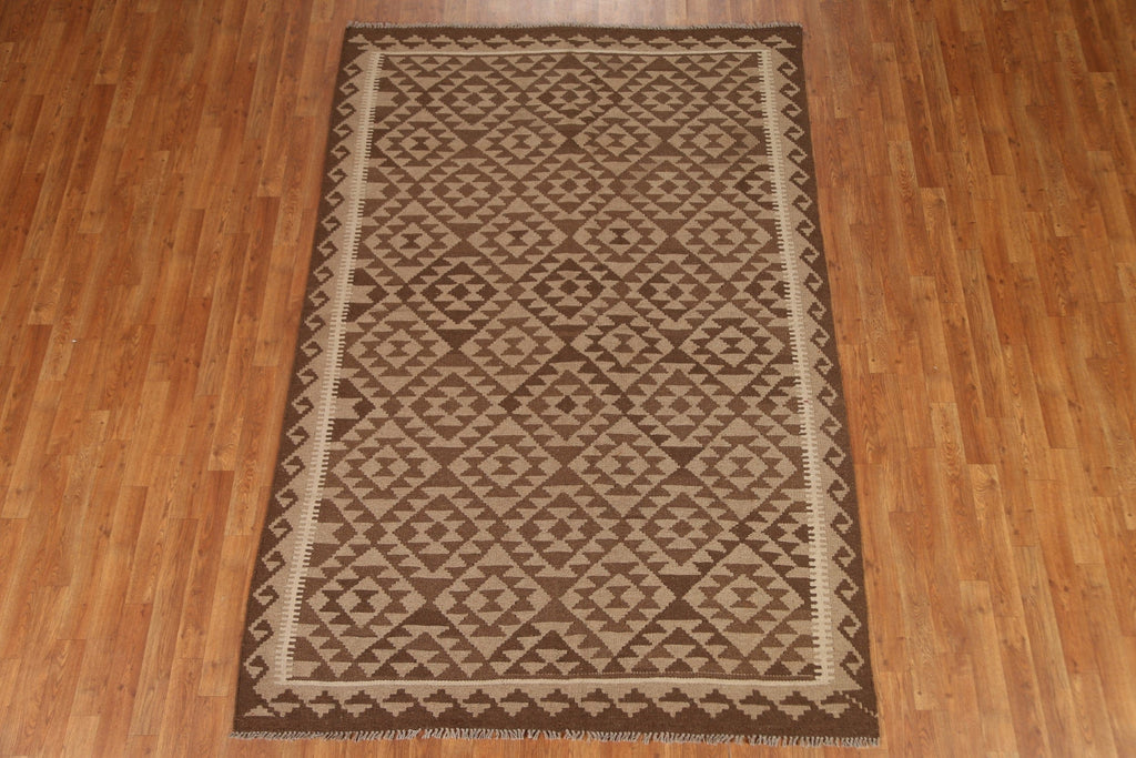 Brown Wool Kilim Geometric Area Rug 6x8