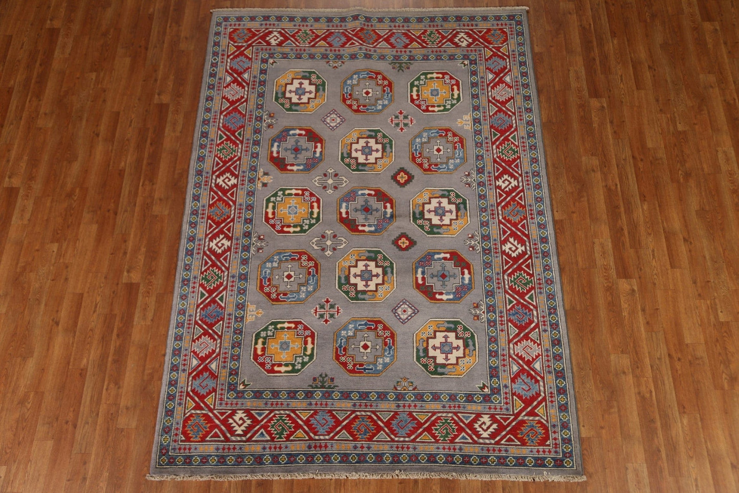 Gray Wool Kazak Hand-Knotted Area Rug 6x8