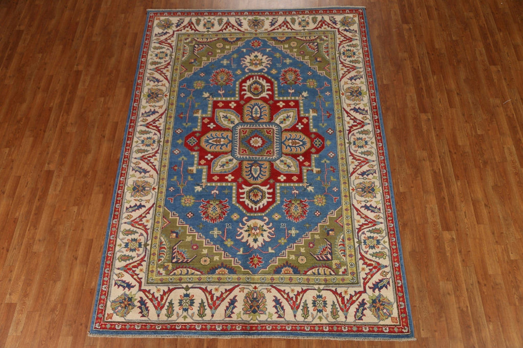 Blue Geometric Kazak Oriental Area Rug 7x10