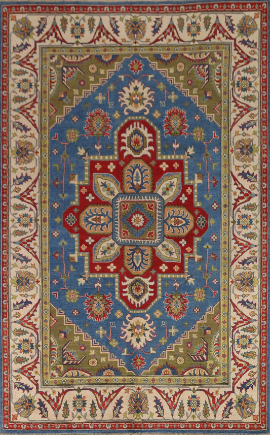 Blue Geometric Kazak Oriental Area Rug 7x10