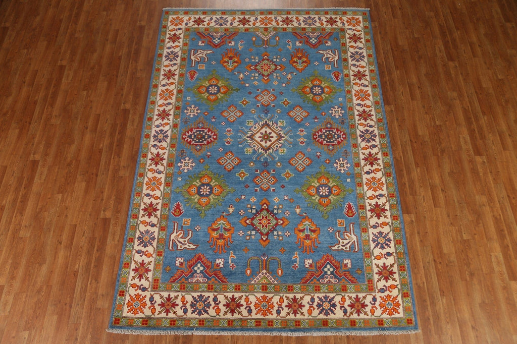 Blue Geometric Kazak Oriental Area Rug 7x10