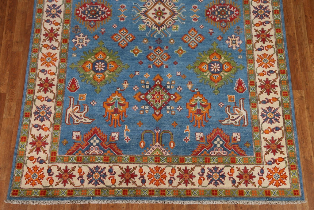 Blue Geometric Kazak Oriental Area Rug 7x10