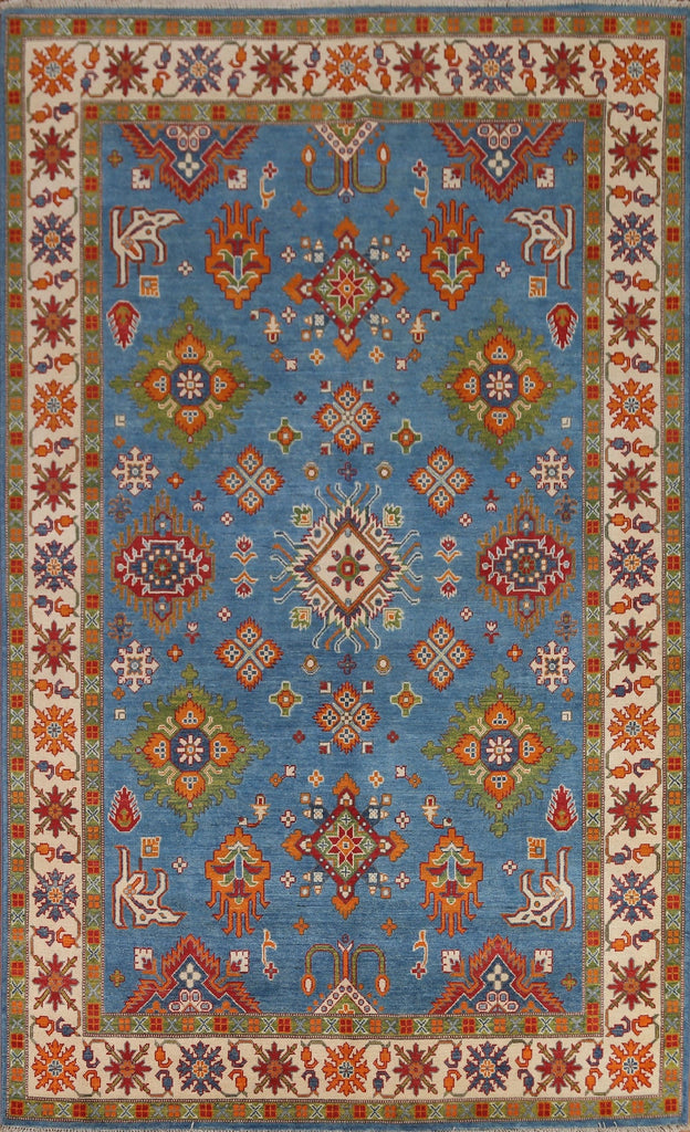 Blue Geometric Kazak Oriental Area Rug 7x10