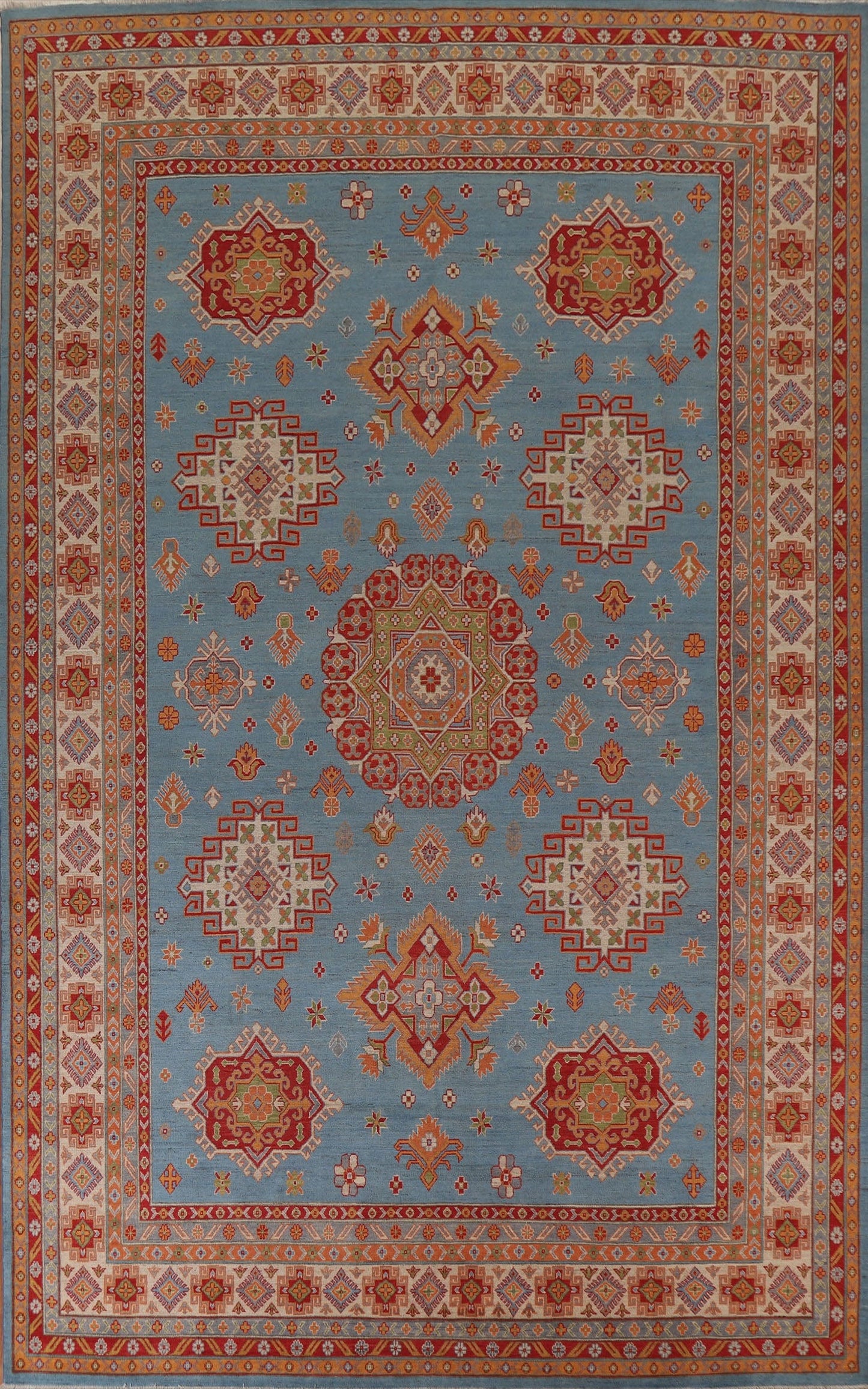 Geometric Blue Kazak Large Area Rug 10x14