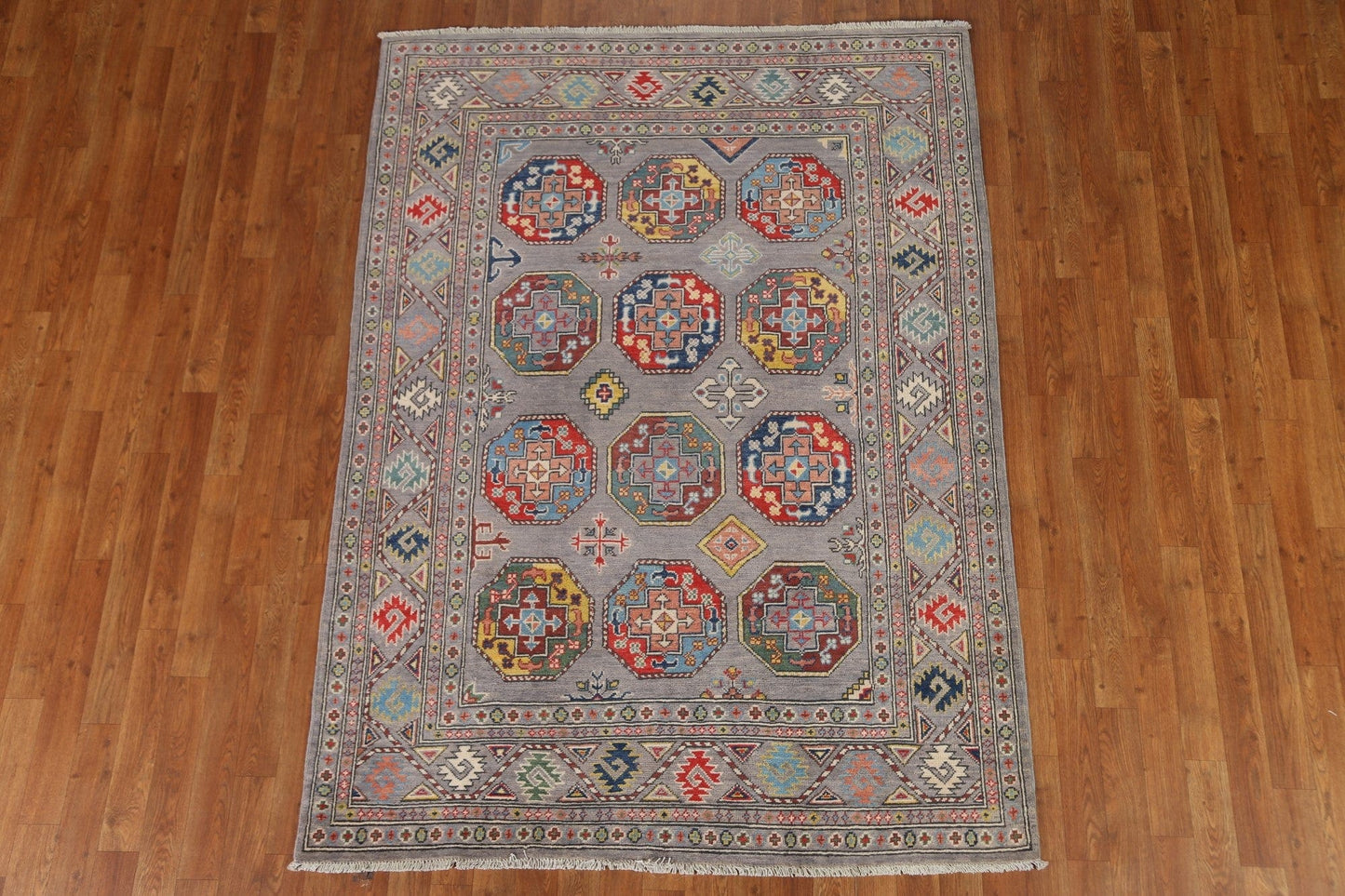 Gray Geometric Kazak Oriental Area Rug 5x7