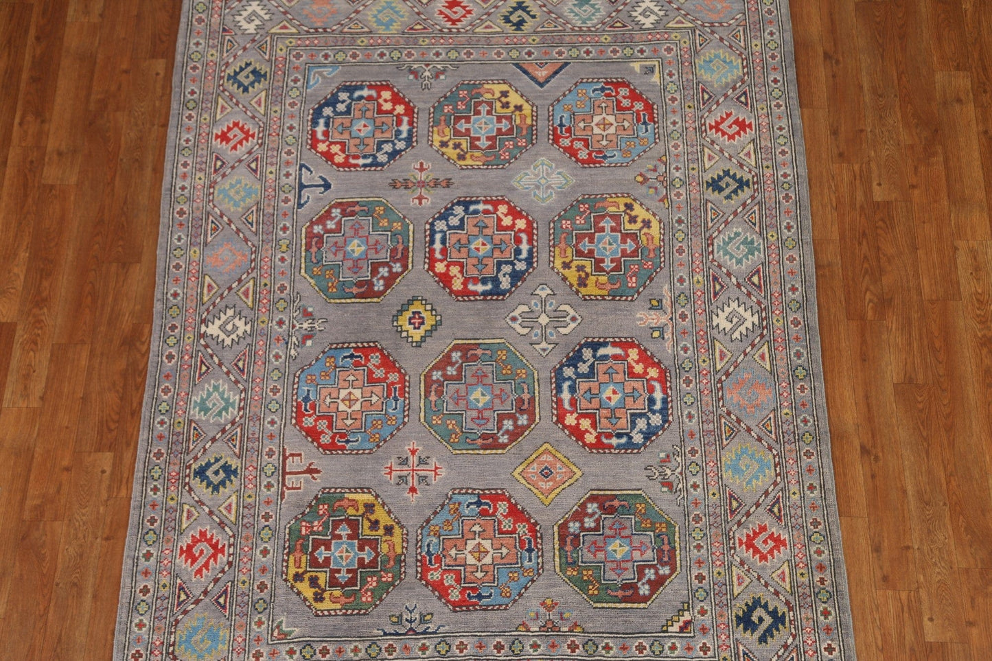 Gray Geometric Kazak Oriental Area Rug 5x7