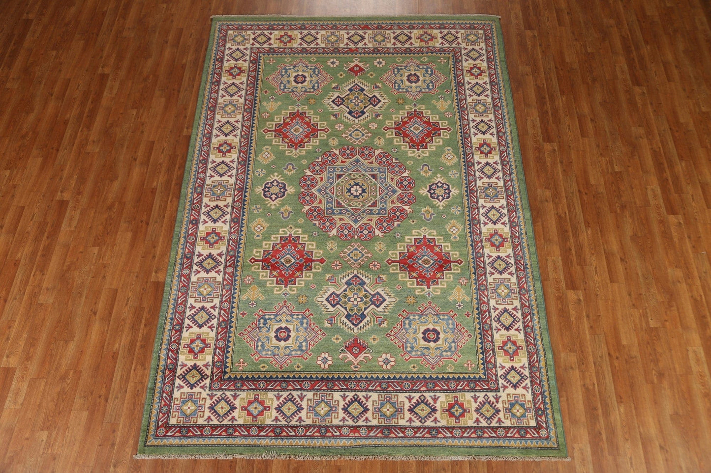 Green Geometric Kazak Handmade Area Rug 7x10