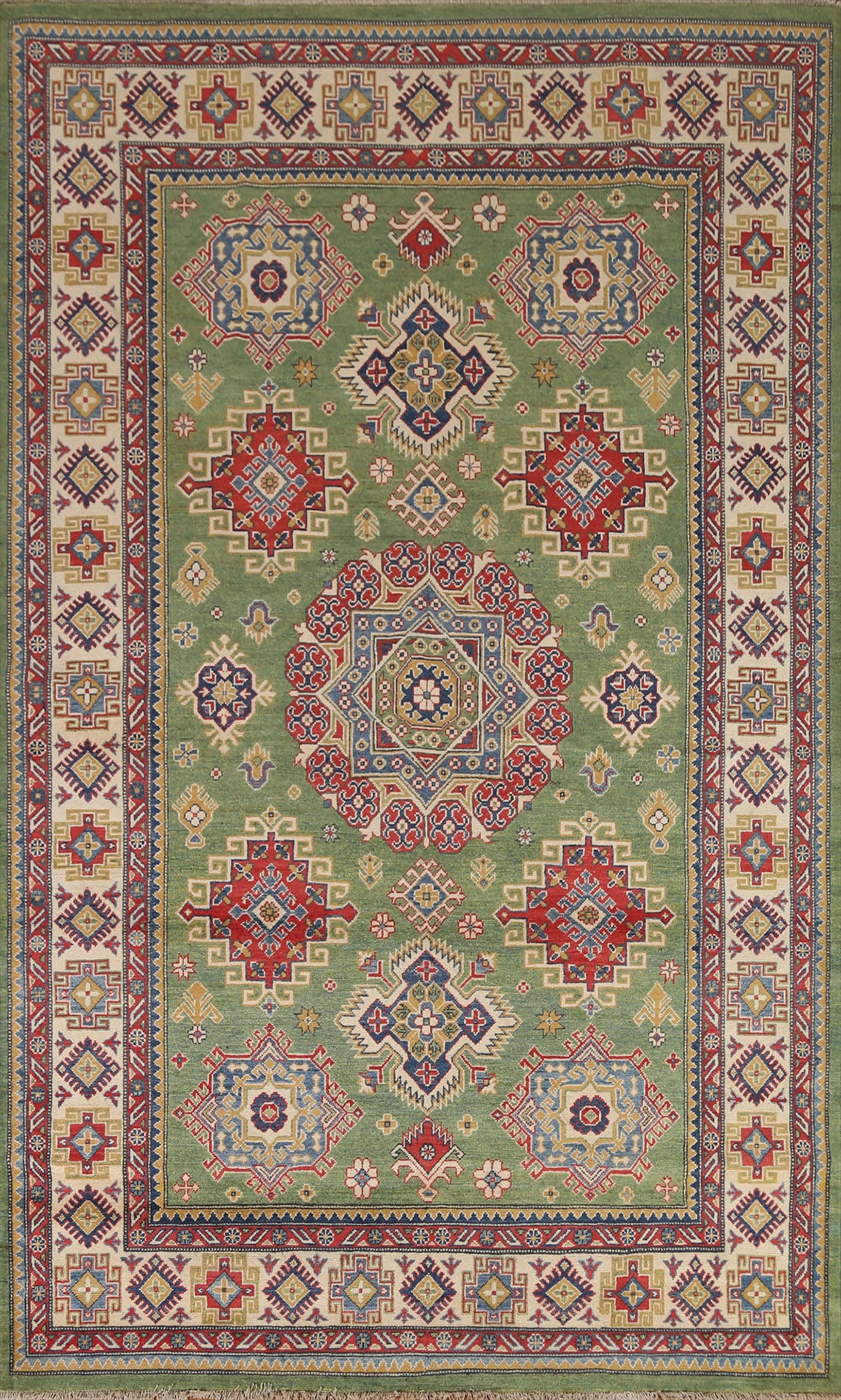 Green Geometric Kazak Handmade Area Rug 7x10