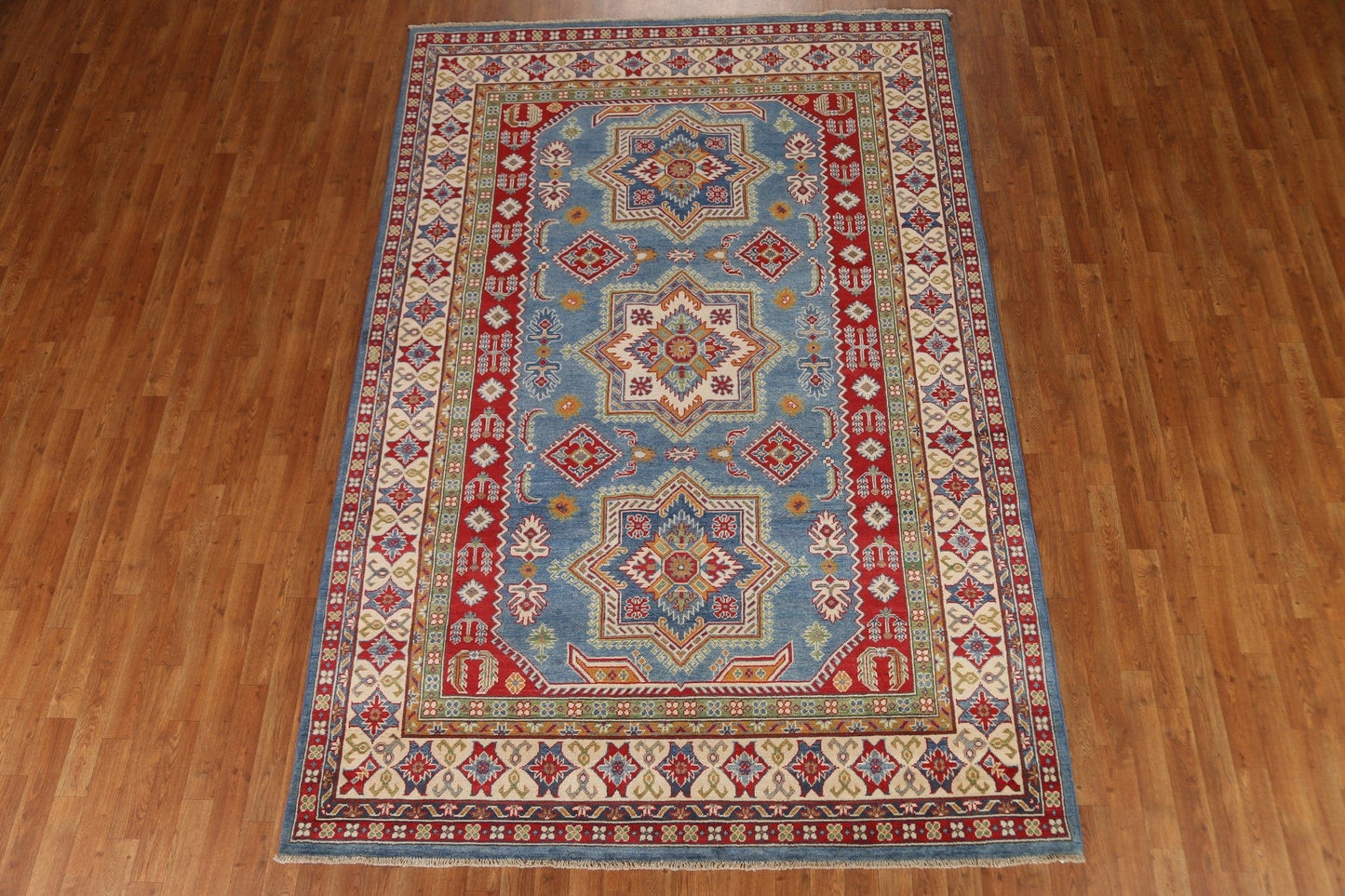 Light Blue Kazak Geometric Area Rug 7x10