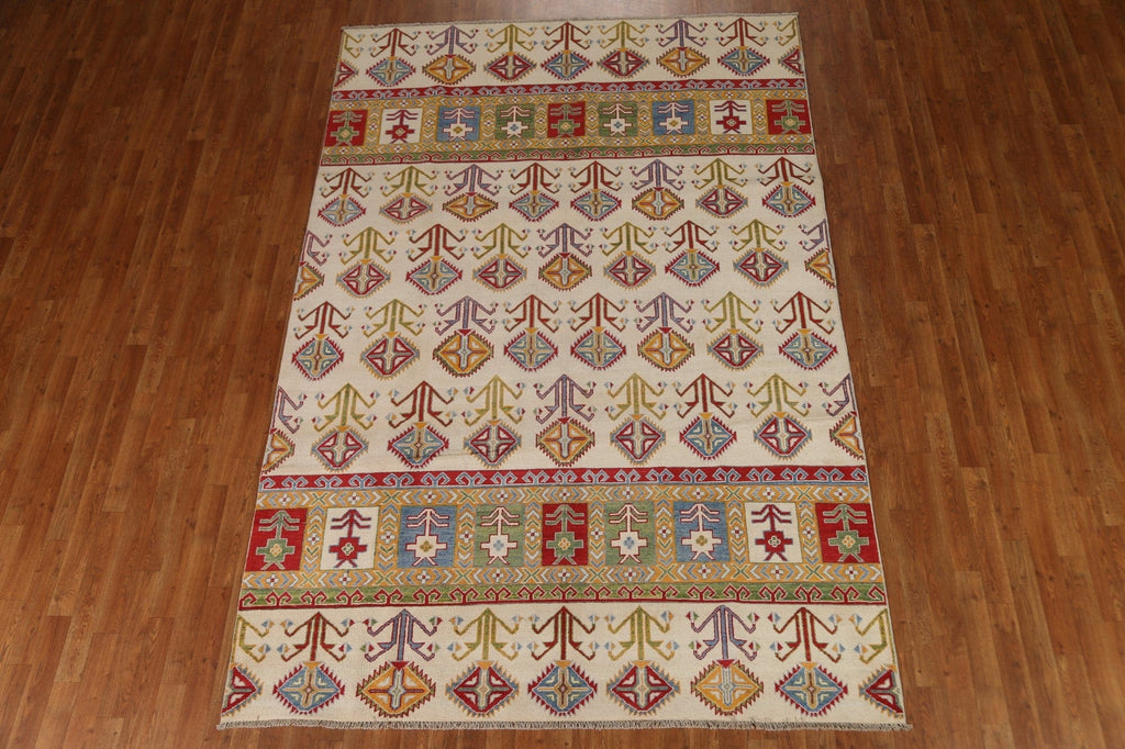 Ivory Wool Kazak Oriental Area Rug 7x10