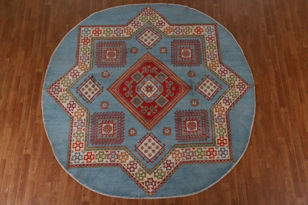 Light Blue Geometric Kazak Round Area Rug 8x8