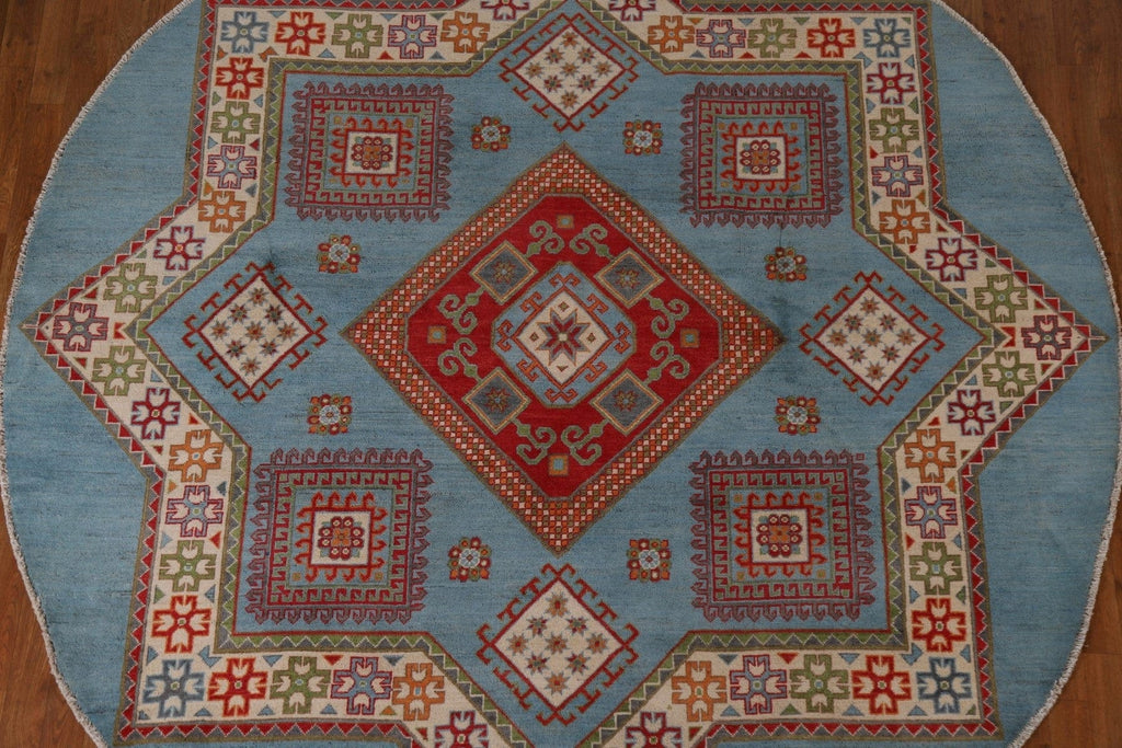 Light Blue Geometric Kazak Round Area Rug 8x8