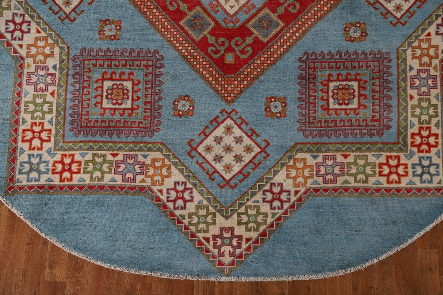 Light Blue Geometric Kazak Round Area Rug 8x8