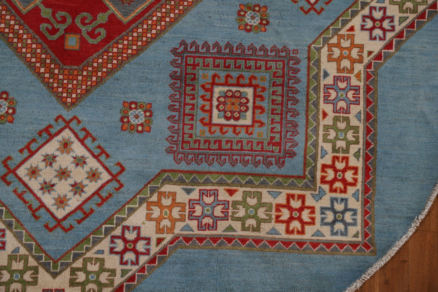 Light Blue Geometric Kazak Round Area Rug 8x8