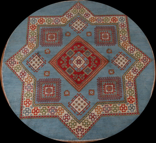 Light Blue Geometric Kazak Round Area Rug 8x8