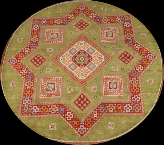 Green Wool Kazak Round Area Rug 8x8