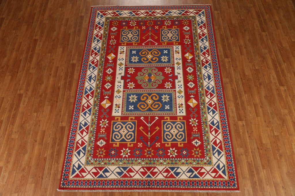 Geometric Red Kazak Handmade Area Rug 7x10