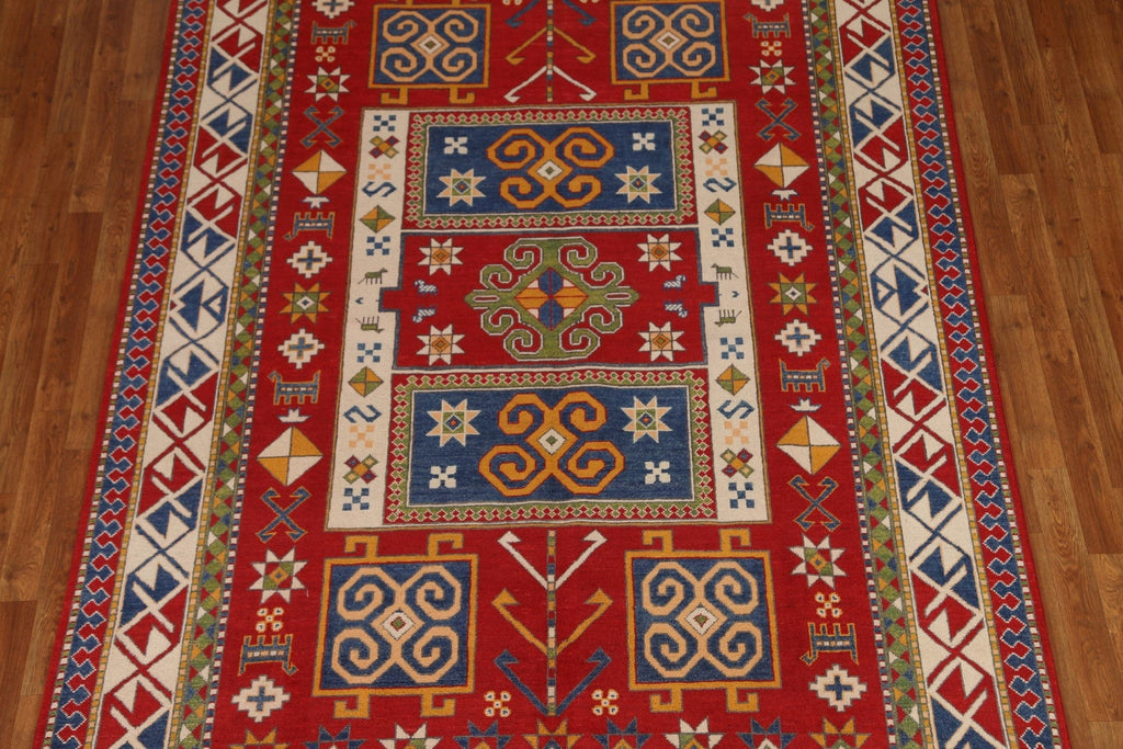 Geometric Red Kazak Handmade Area Rug 7x10