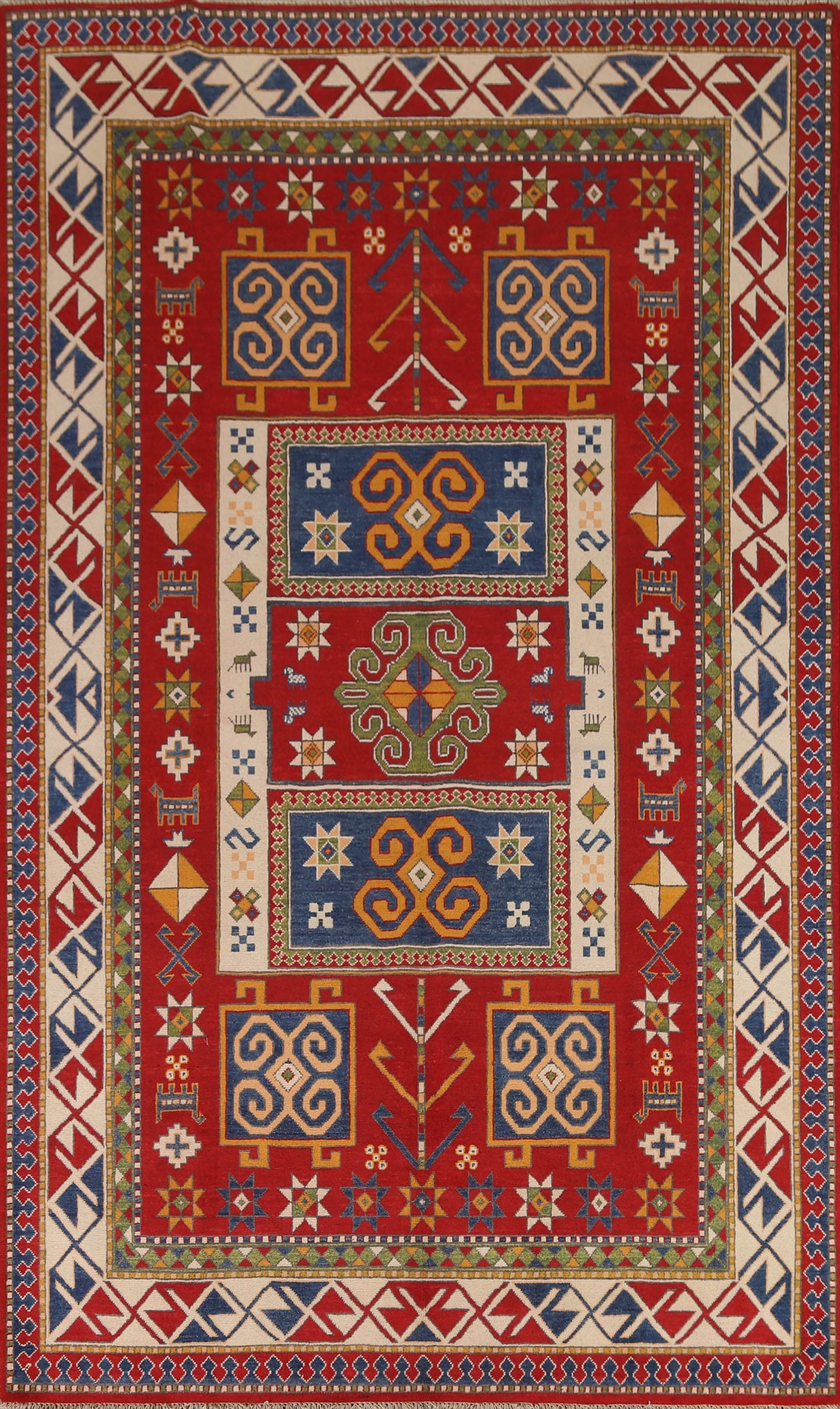 Geometric Red Kazak Handmade Area Rug 7x10