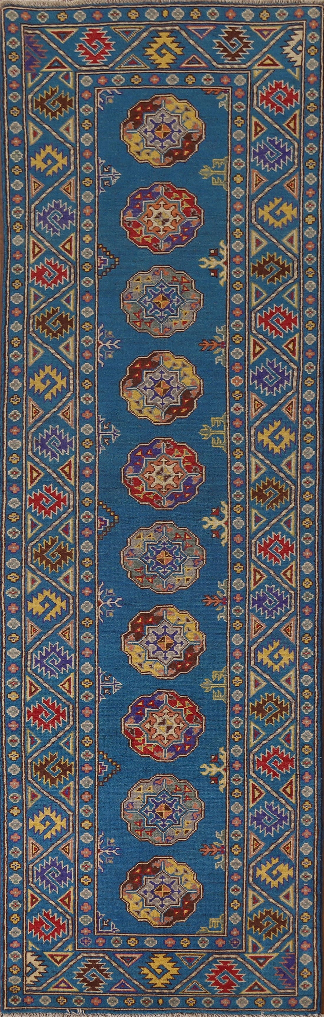 Geometric Kazak Blue Runner Rug 3x10