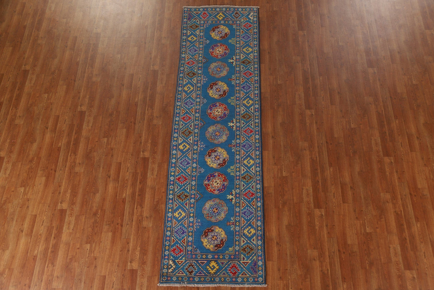 Geometric Kazak Blue Runner Rug 3x10