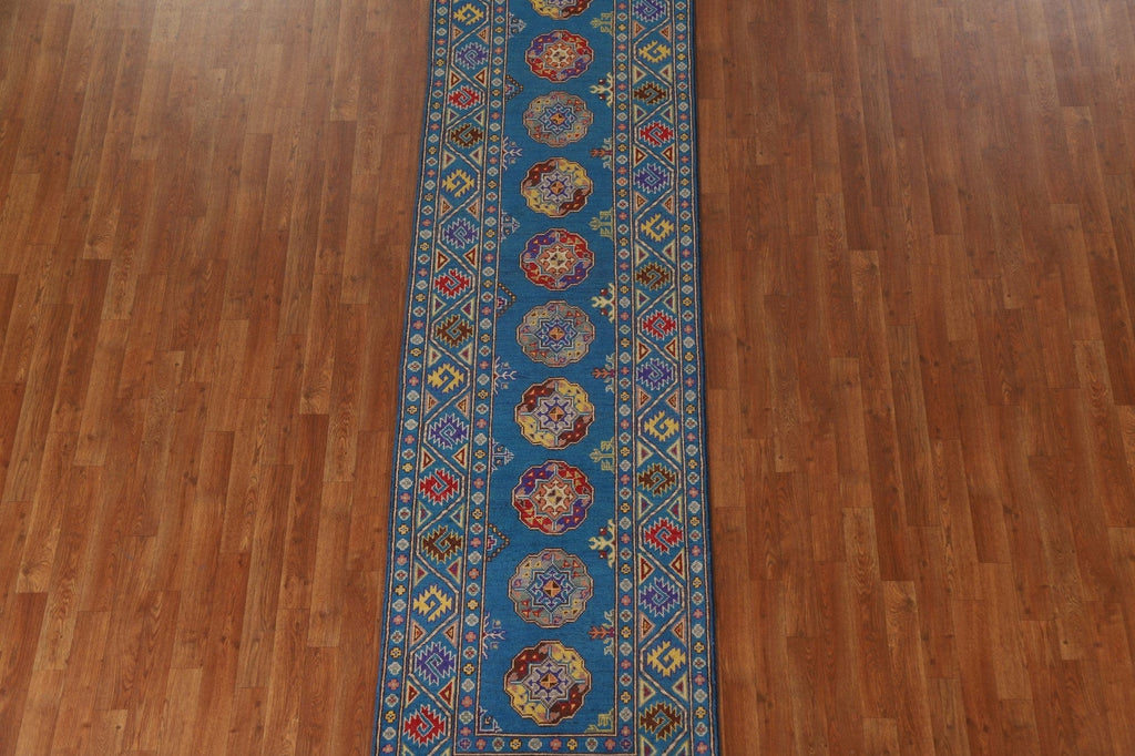 Geometric Kazak Blue Runner Rug 3x10