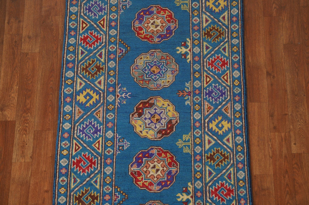 Geometric Kazak Blue Runner Rug 3x10