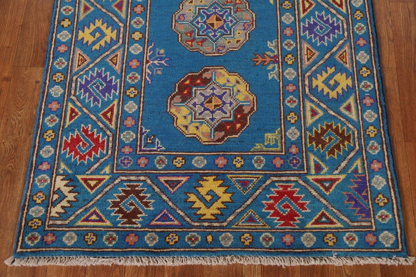 Geometric Kazak Blue Runner Rug 3x10