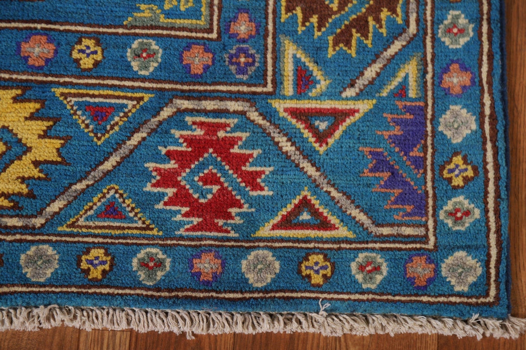 Geometric Kazak Blue Runner Rug 3x10