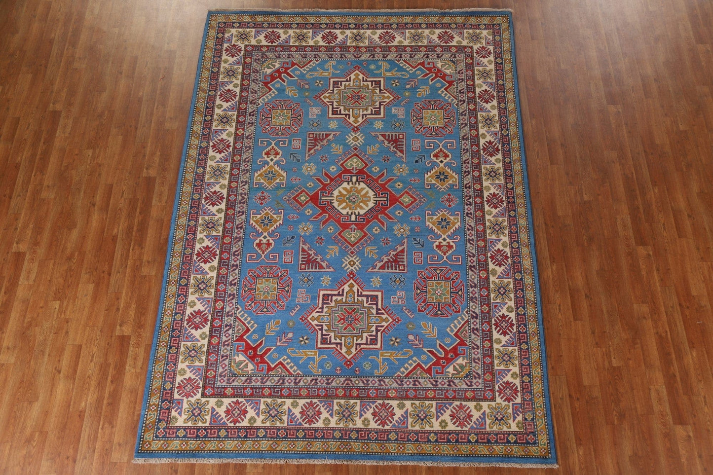 Blue Geometric Kazak Oriental Area Rug 7x10