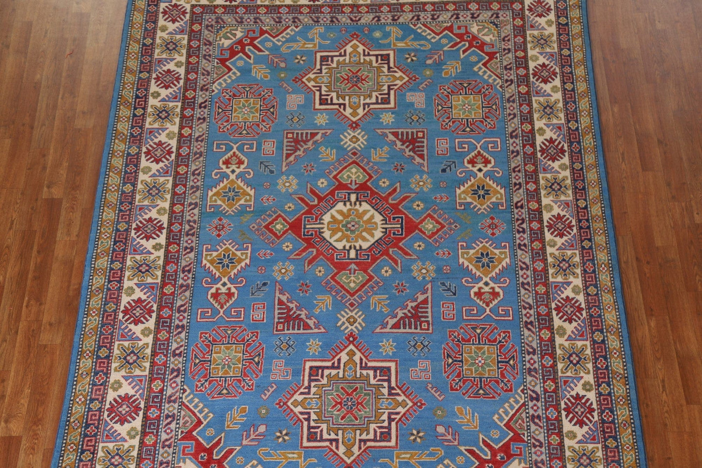 Blue Geometric Kazak Oriental Area Rug 7x10