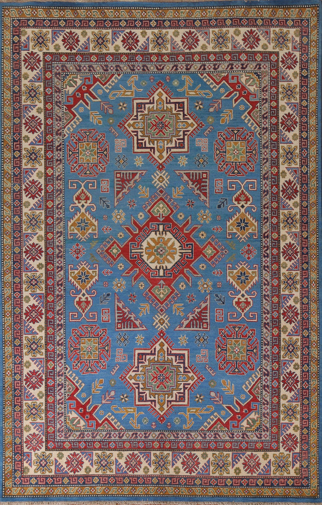 Blue Geometric Kazak Oriental Area Rug 7x10