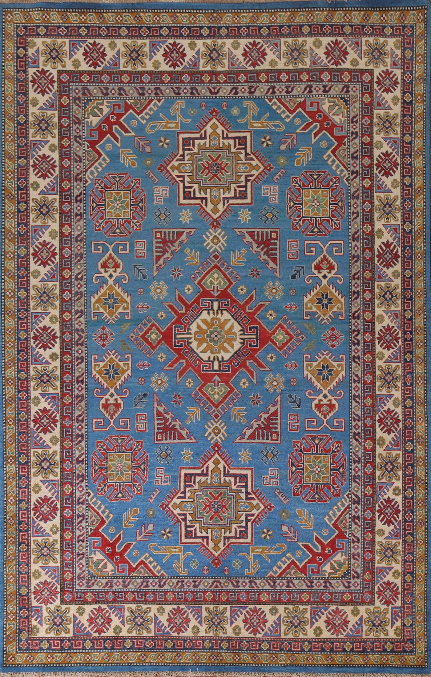 Blue Geometric Kazak Oriental Area Rug 7x10