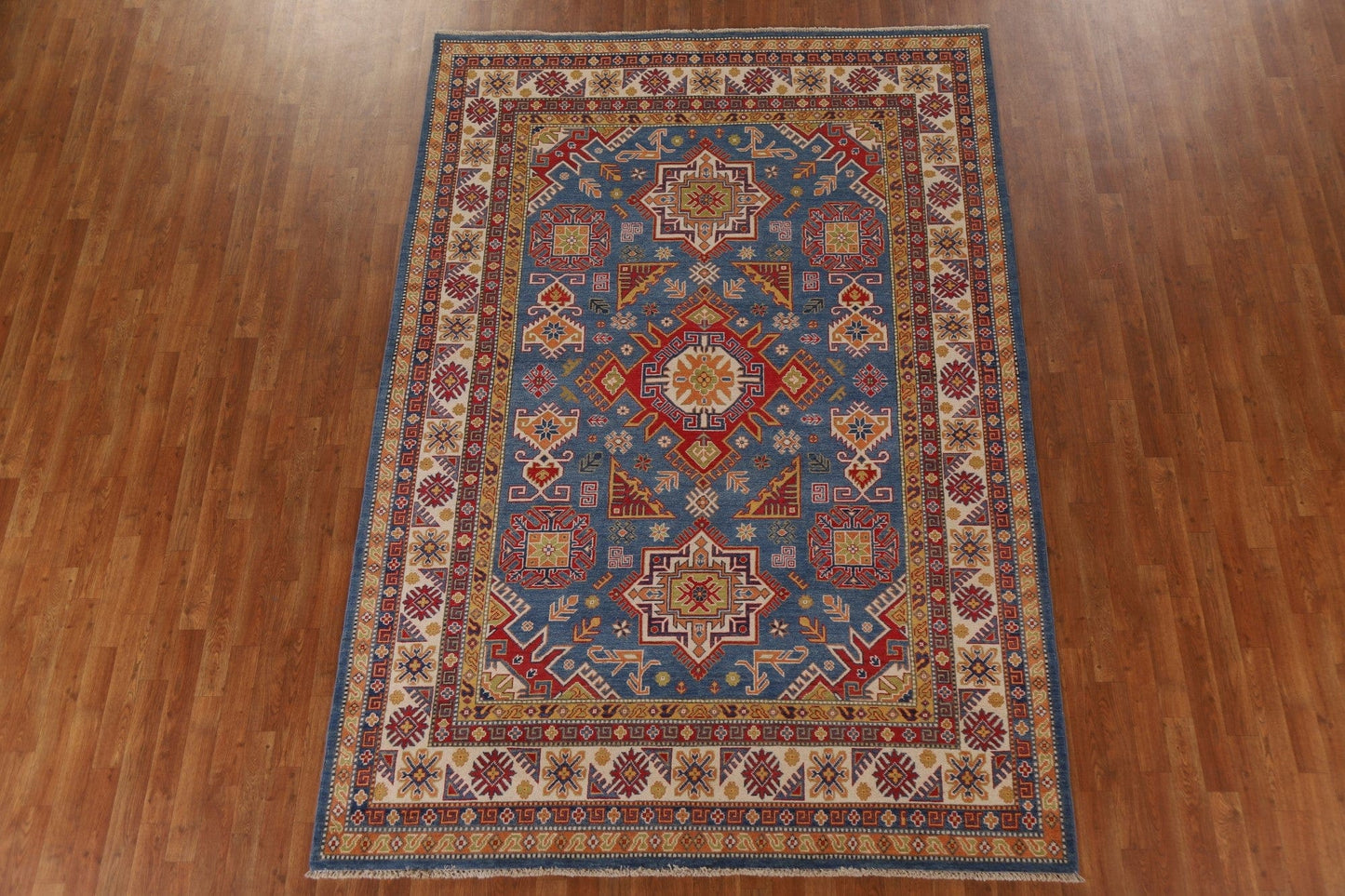 Blue Geometric Kazak Pakistan Area Rug 7x10