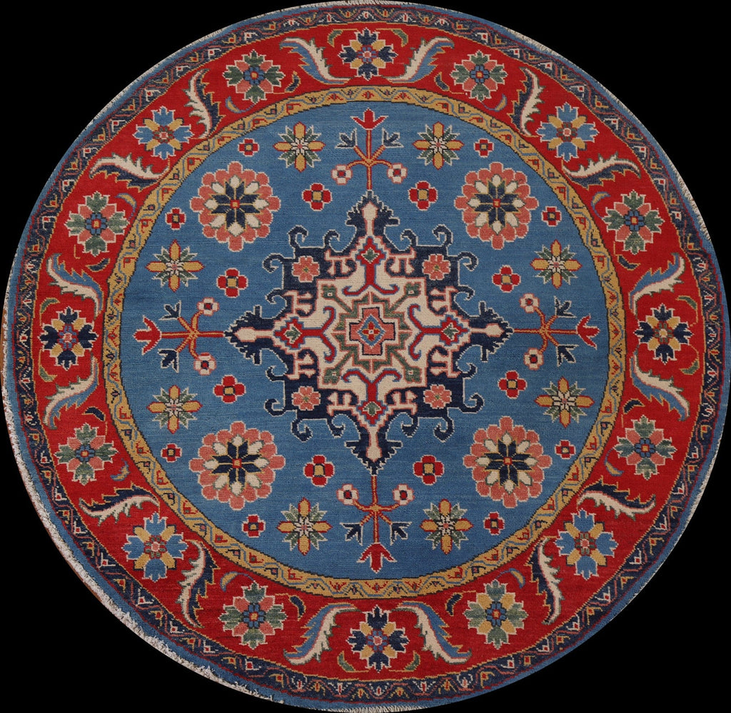 Blue Geometric Kazak Round Area Rug 5x5