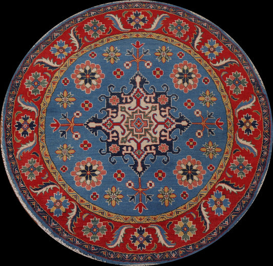 Blue Geometric Kazak Round Area Rug 5x5