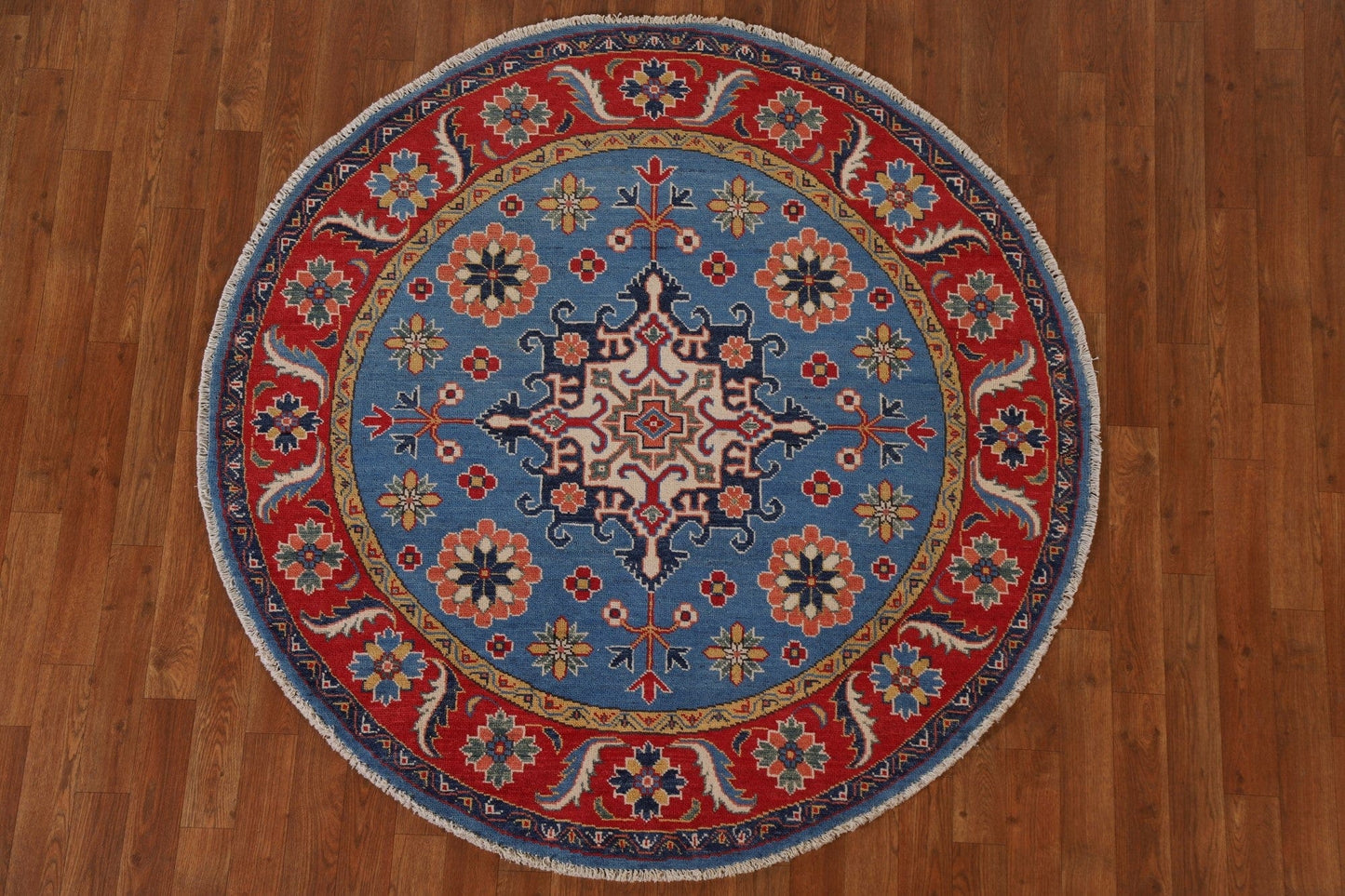 Blue Geometric Kazak Round Area Rug 5x5