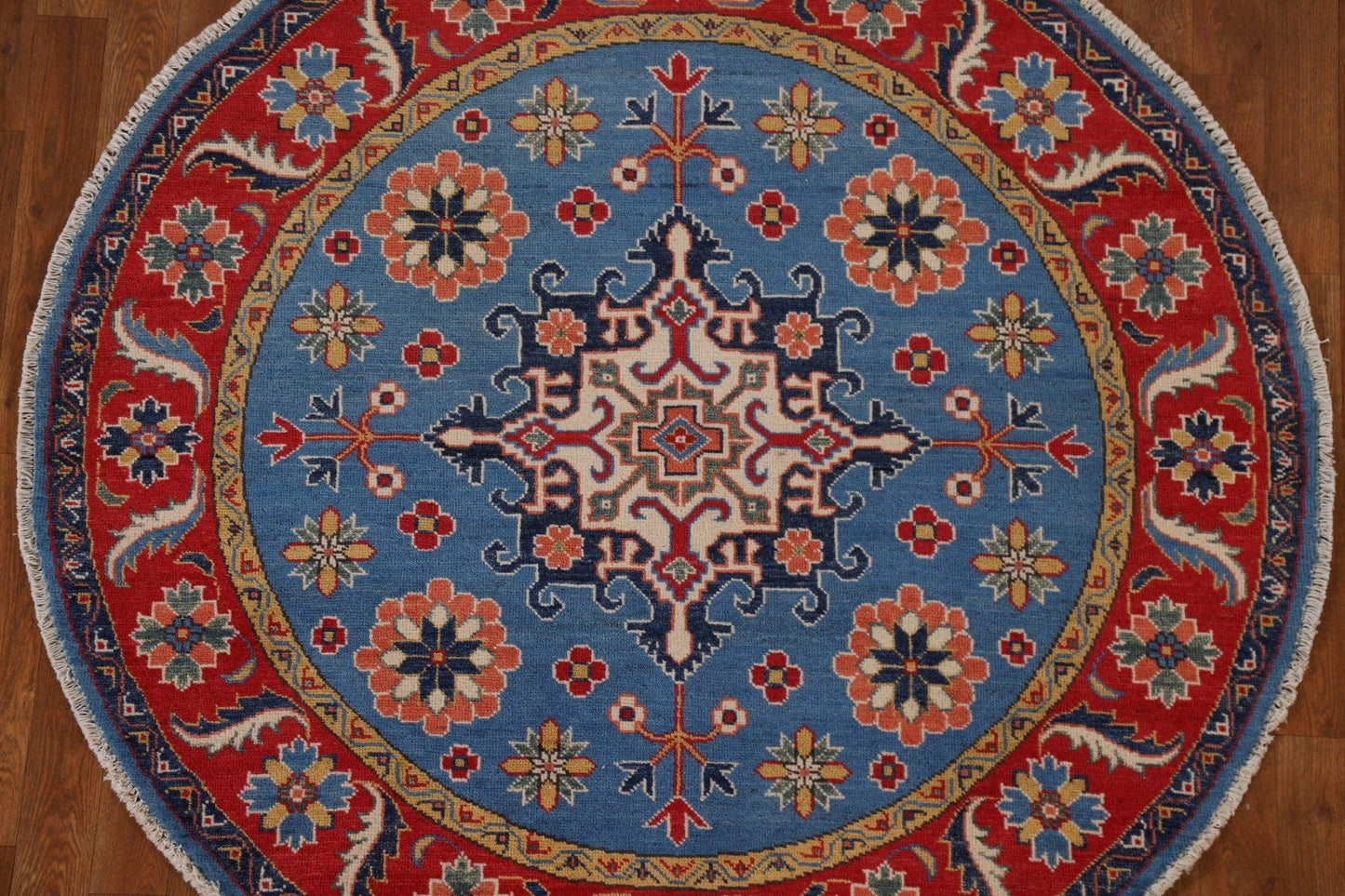 Blue Geometric Kazak Round Area Rug 5x5