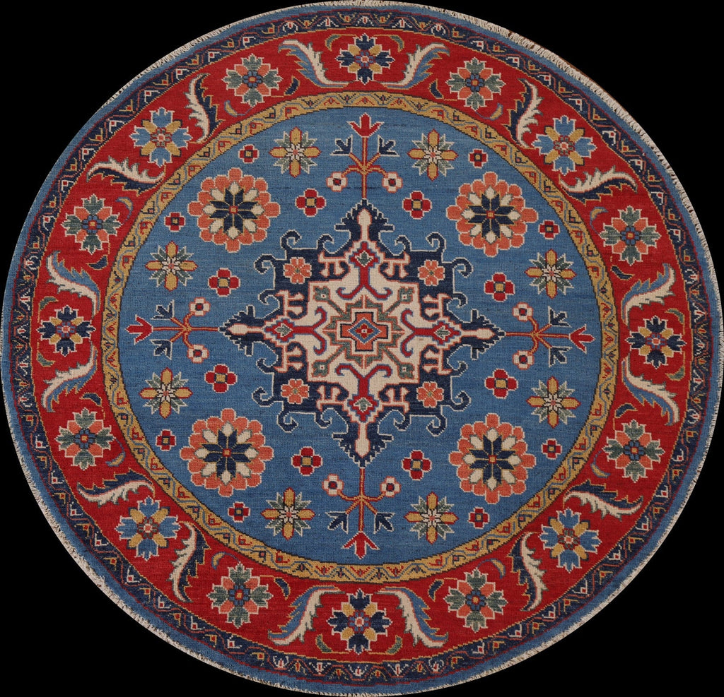 Blue Geometric Kazak Round Area Rug 5x5