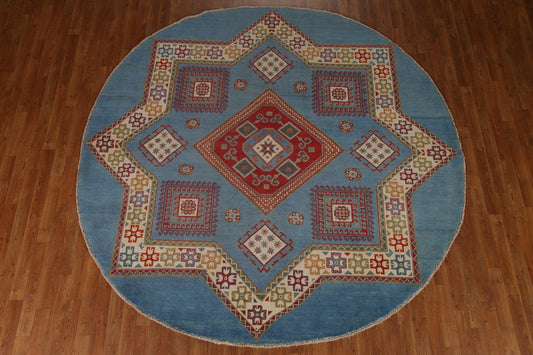 Blue Geometric Kazak Oriental Round Rug 8x8