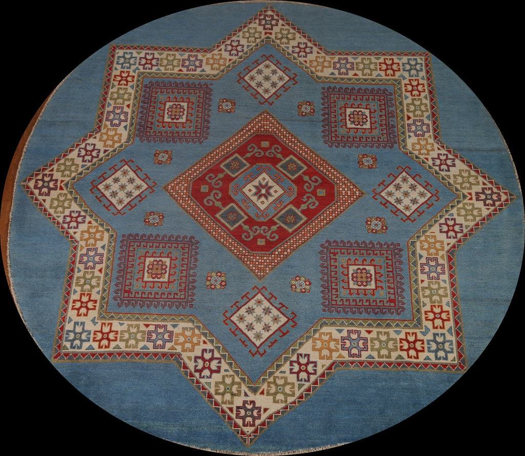 Blue Geometric Kazak Oriental Round Rug 8x8