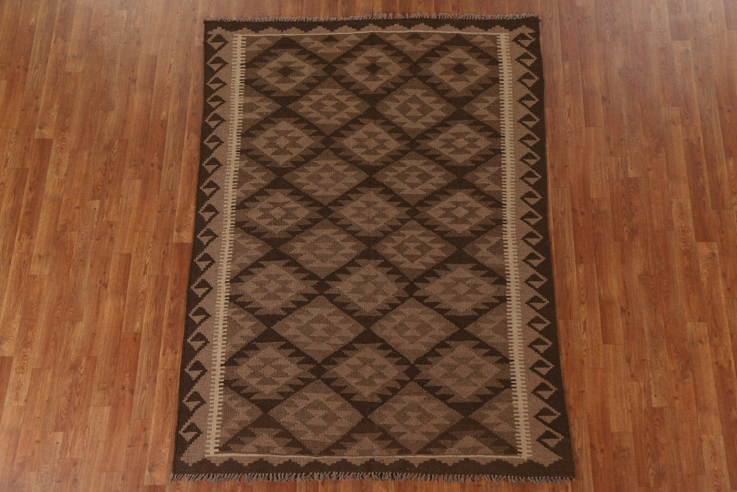 Brown Kilim Wool Area Rug 5x7