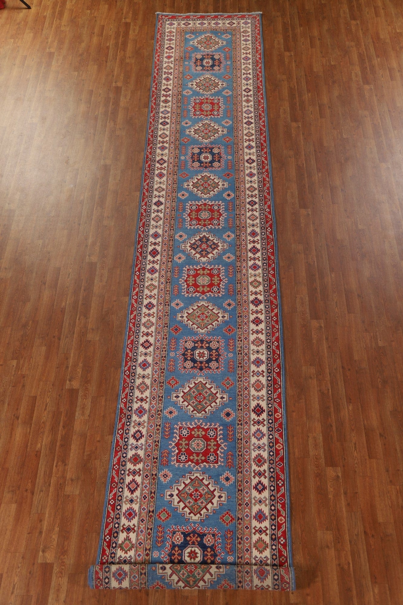 Blue Kazak Geometric Runner Rugs 3x19