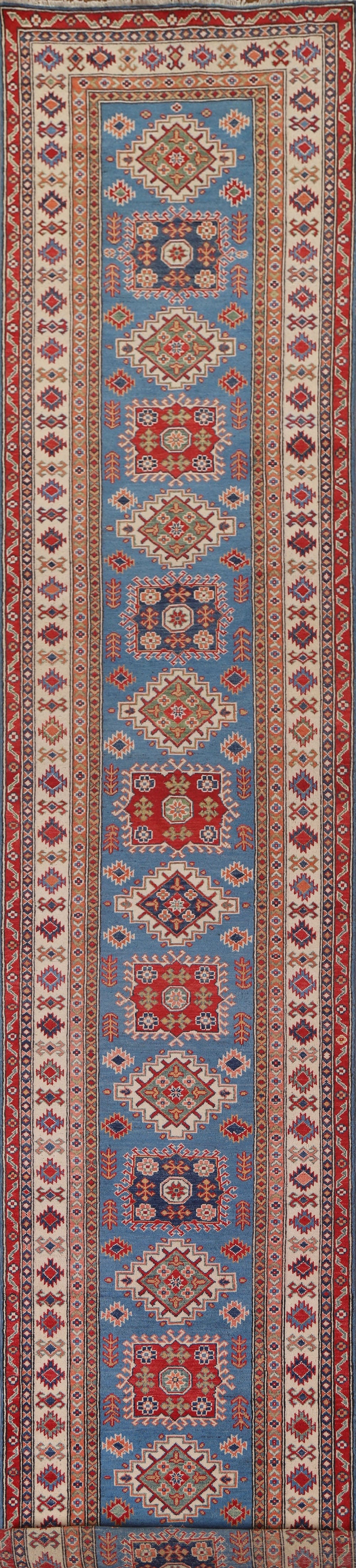 Geometric Kazak Blue Runner Rugs 3x19