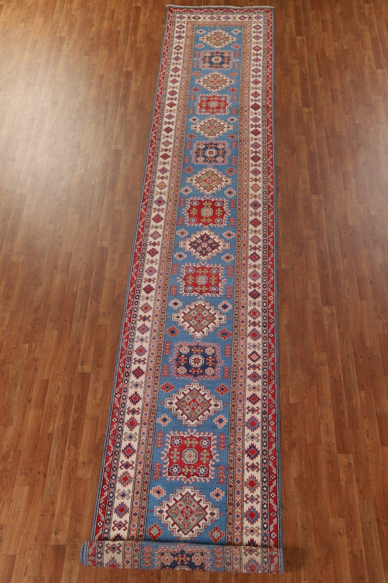 Geometric Kazak Blue Runner Rugs 3x19