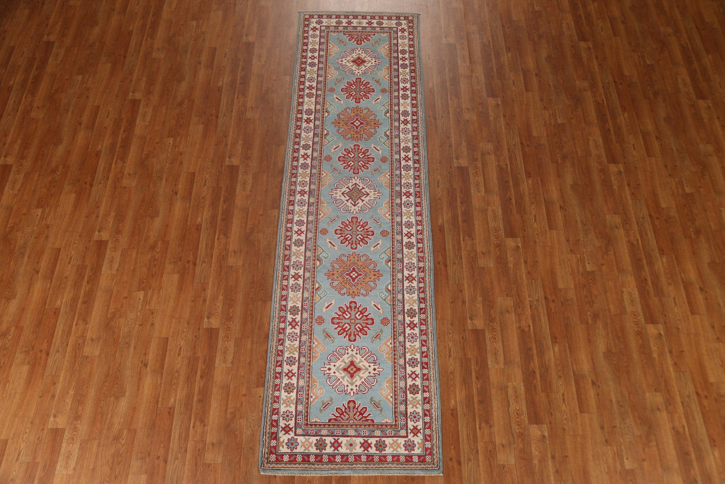 Light Blue Kazak Oriental Runner Rug 3x10