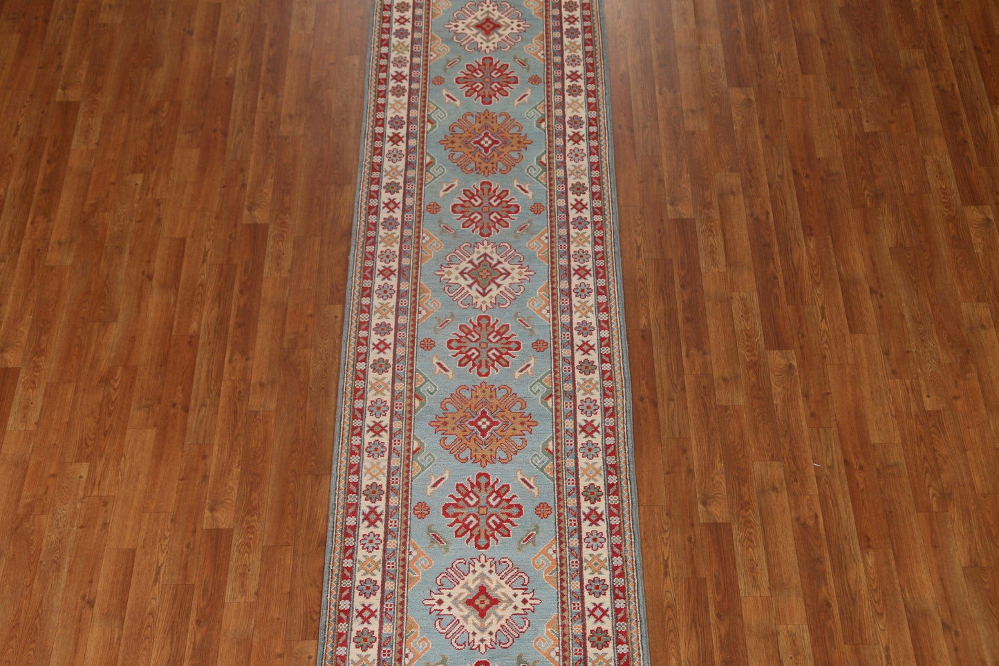 Light Blue Kazak Oriental Runner Rug 3x10