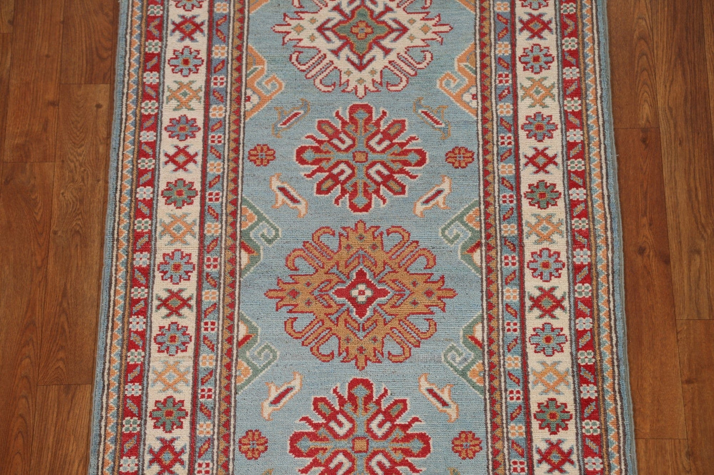 Light Blue Kazak Oriental Runner Rug 3x10